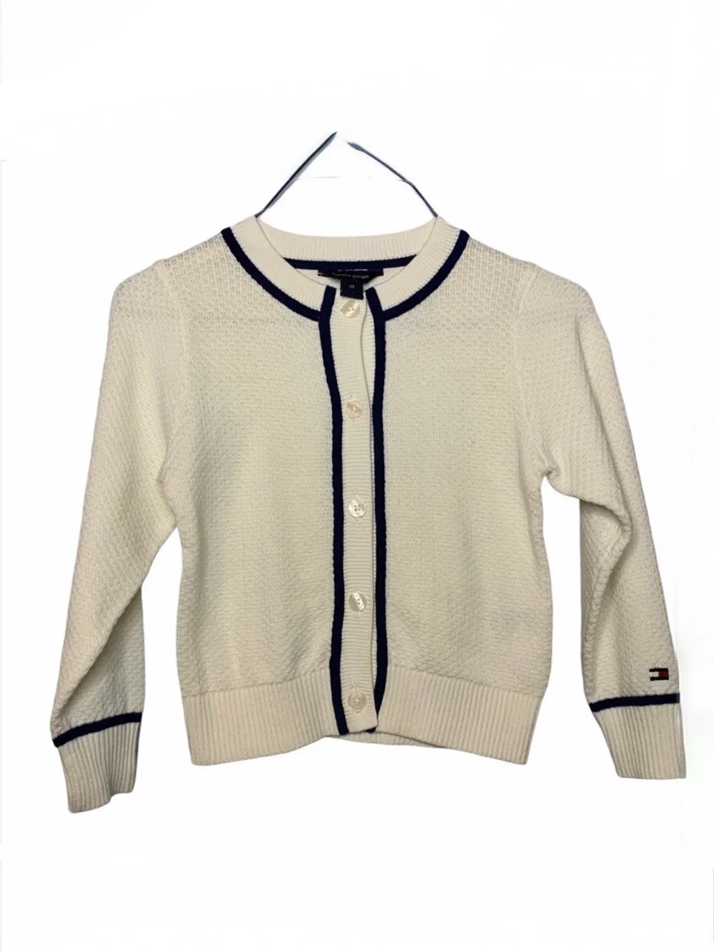 Tommy Hilfiger girls navy cream fine gauge knit cotton cardigan 3T preppy proper